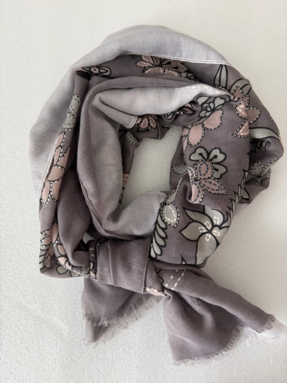 Soft Floral Scarf Wrap Grey Blush Lightweight Gauze Shawl Boho Feminine Romantic
